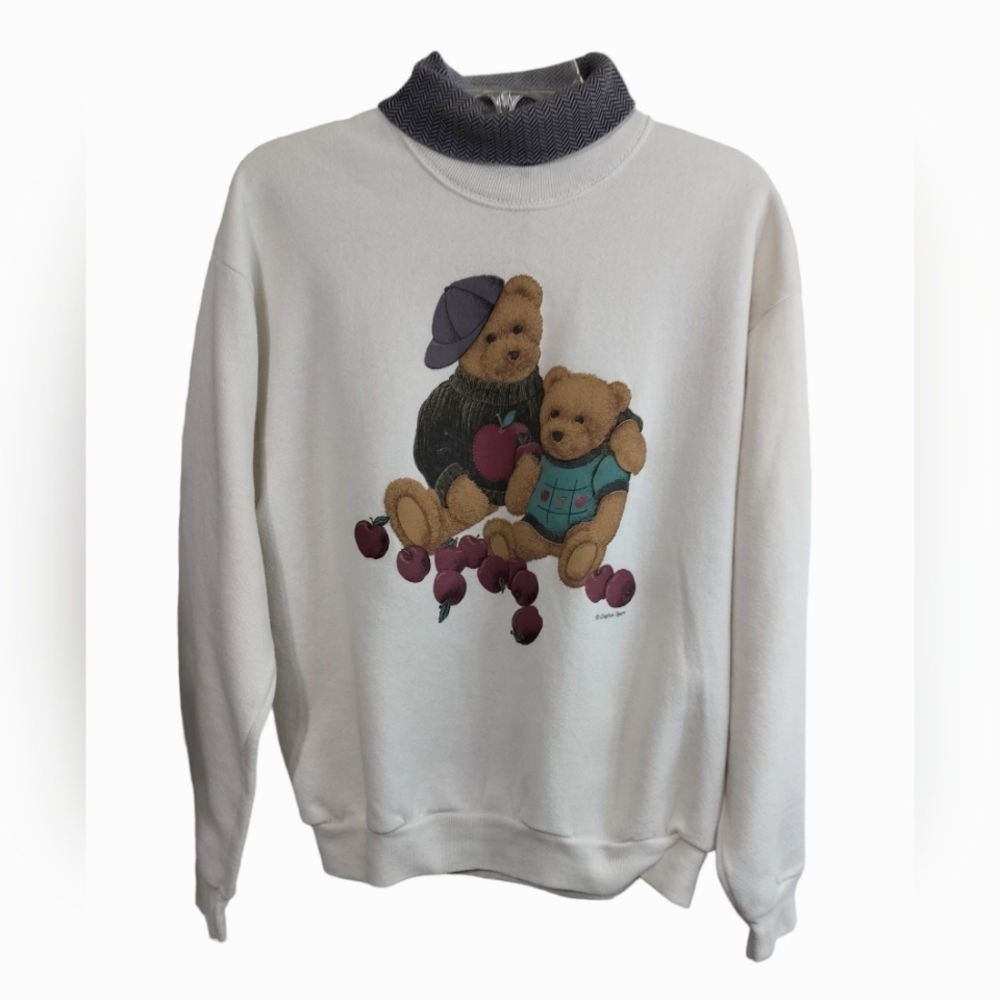 2649)Vintage Teddy Bears Appliqués Gopher Sport Ivory Pullover Sweatshirt Large